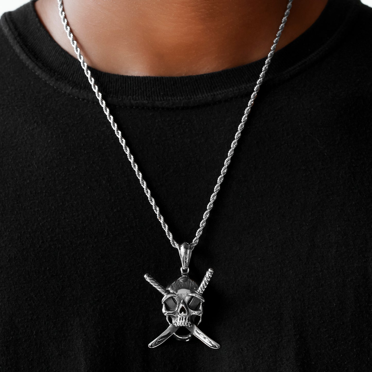 Half Hearted Sword Skull Necklace Pendant Rope Chain