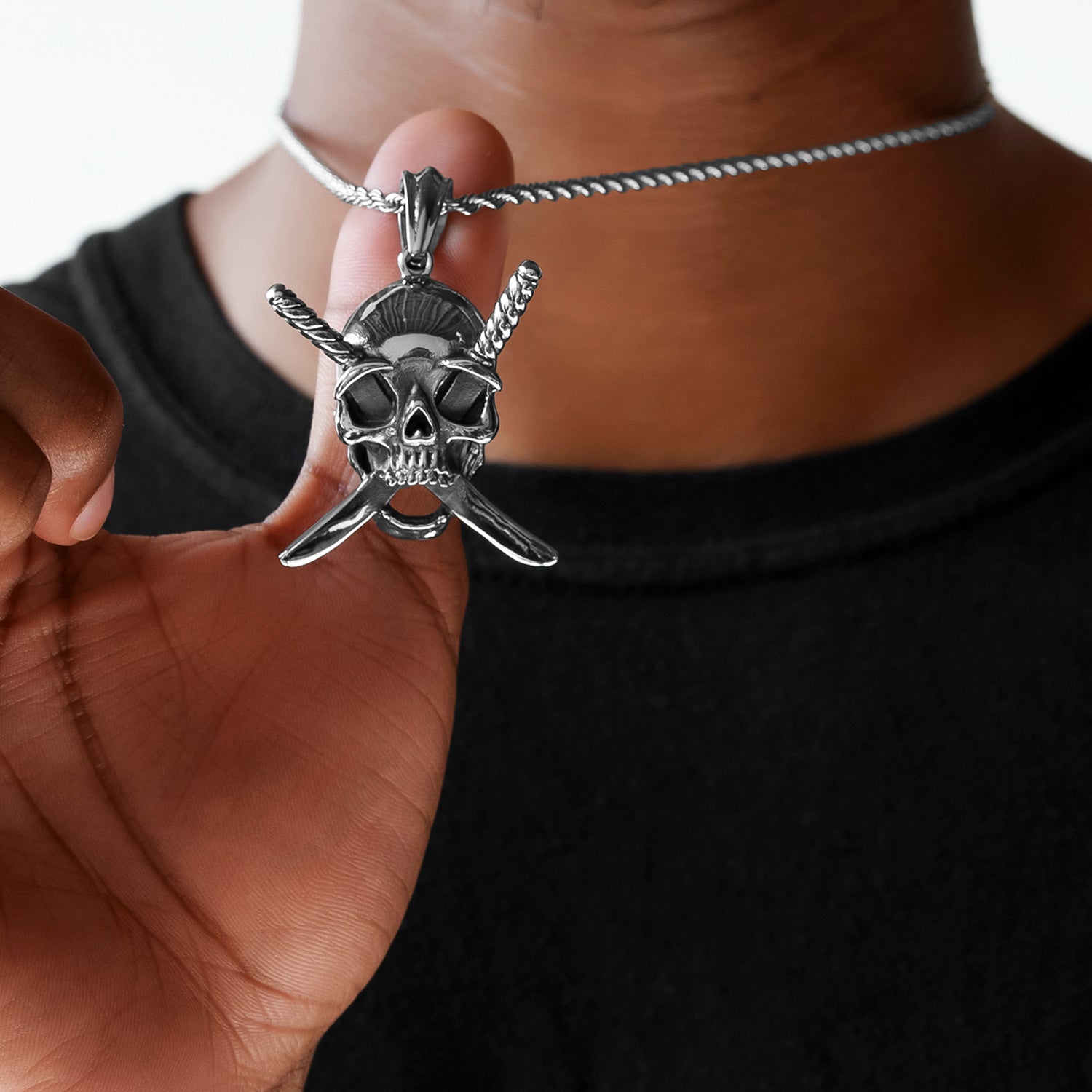 Half Hearted Sword Skull Necklace Pendant Rope Chain